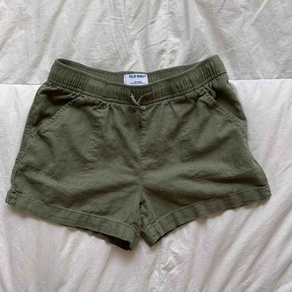 old navy Olive green linen shorts youth sz‎ XL 14 16 pockets lightweight elastic